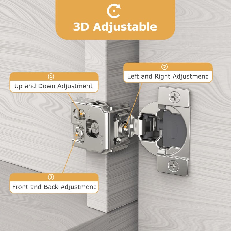 Furniware 20 Pieces 1 inch Overlay Soft Close Cabinet Hinges for Face Frame Cabinet, Stainless Steel, 105Â° Opening Angle, Concealed Self Closing Door Hinges- 3 Way Adjustment - Image 3